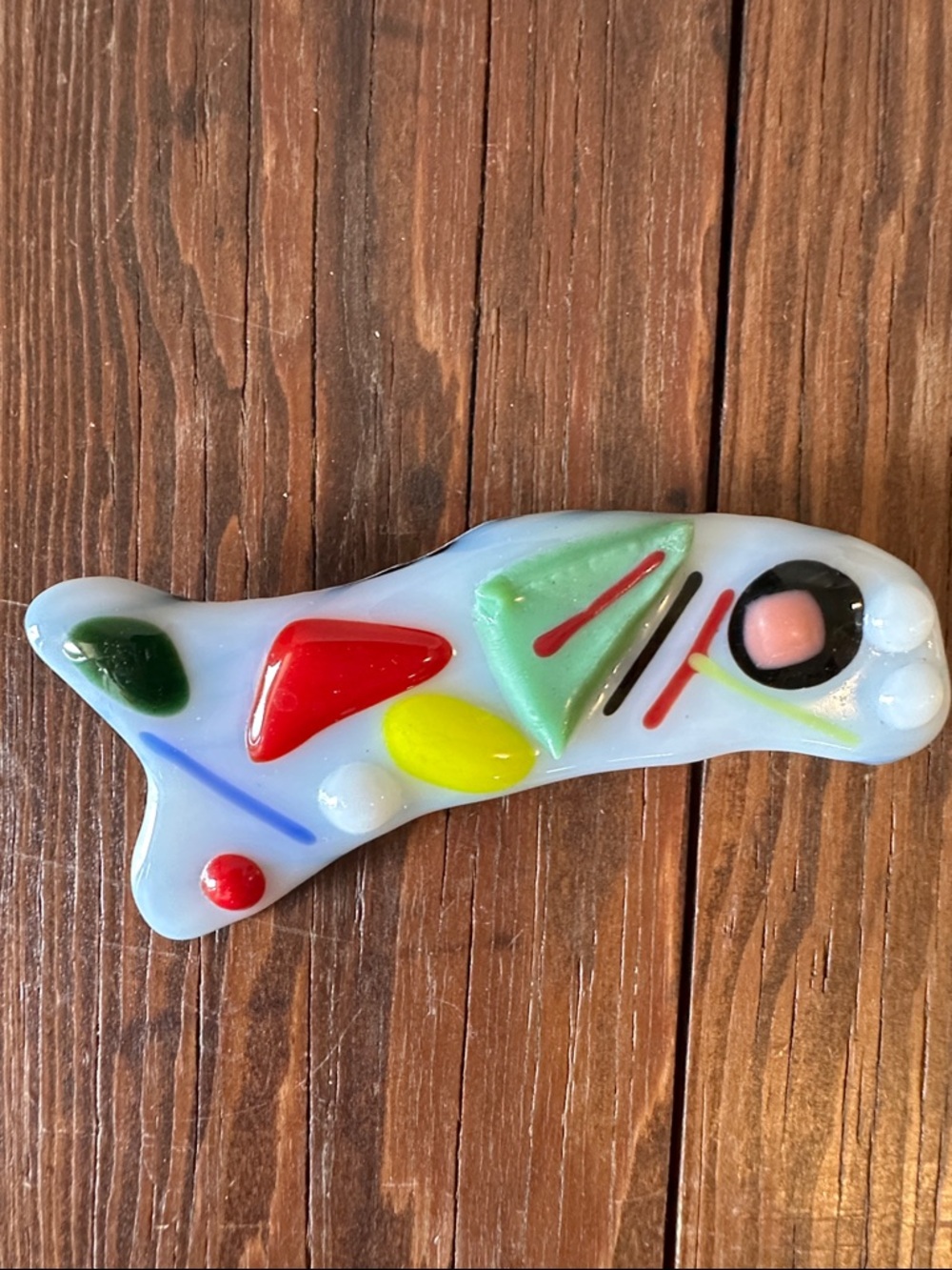 Handmade Fused Glass Fish Pin Brooch in Soft Blue Stripes
